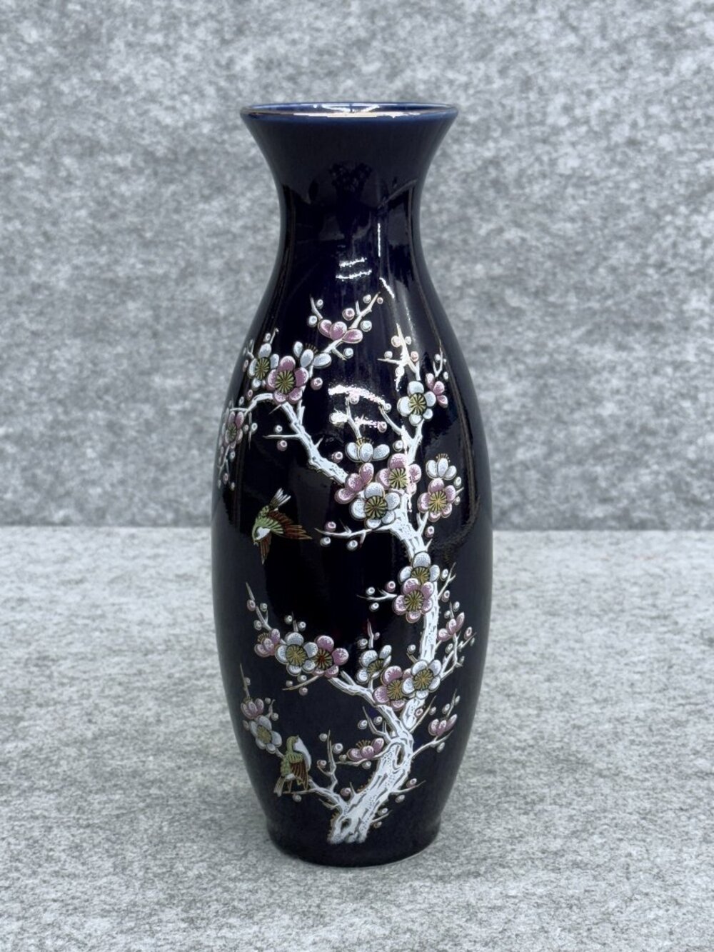 Vintage Yamato Japan Cobalt Blue Porcelain Vase Cherry Blossoms & Birds Gold Rim